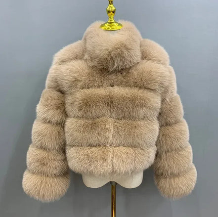 Women Faux Fur Fox Coats Short Coat Stand Collar Slim Fit Full Sleeve Elegant Splice Autumn Winter Thick Warm Open Stitch