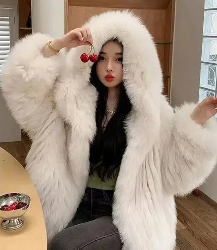 Imitation fox fur women's 2024 winter new style hooded loose slimming fur coat trendy street internet celebrity same style