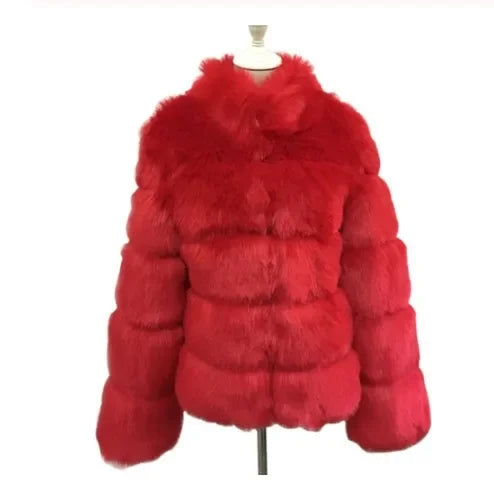 Women Faux Fur Fox Coats Short Coat Stand Collar Slim Fit Full Sleeve Elegant Splice Autumn Winter Thick Warm Open Stitch