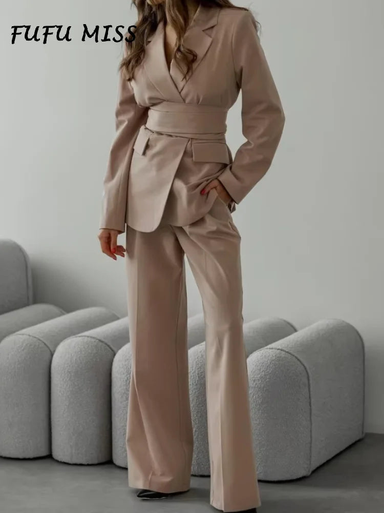 Elegant Trousers Suit Women Slim V-neck Pockets Blazer Full Sleeve Belt Straight Pants Sets Female Solid Sets Lady Spring Autumn