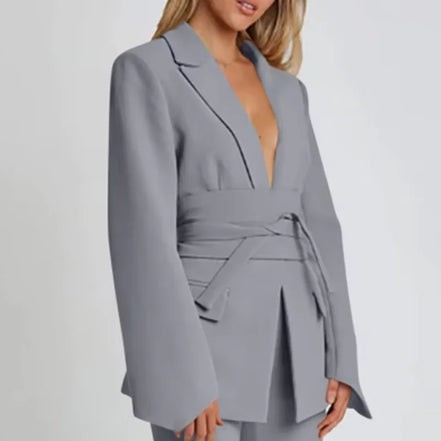 Elegant Trousers Suit Women Slim V-neck Pockets Blazer Full Sleeve Belt Straight Pants Sets Female Solid Sets Lady Spring Autumn