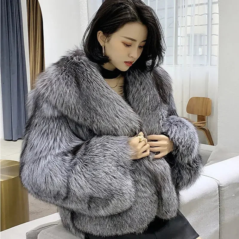 Women's fur coat short style fashion imitation fox hair whole fur coat autumn winter new casual lady jacket