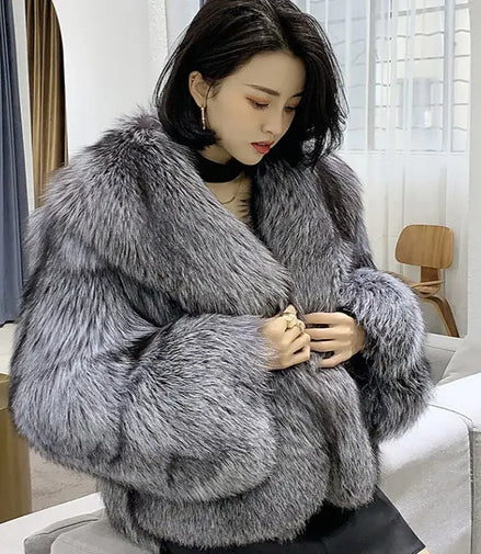 Women's fur coat short style fashion imitation fox hair whole fur coat autumn winter new casual lady jacket