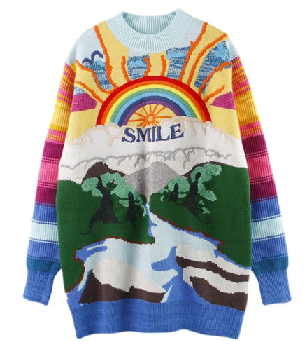 Oversized Sweater Women 2025 Fashion Rainbow Striped Embroidered Letters Knitted Pullovers Loose Casual Streetwear Tops C-119