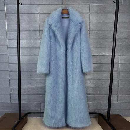 Long Faux Fur Coat Women Autumn Winter Large Jacket Overcoat White Turn Down Collar Pockets Thick Coat Warm Jackets Maxi Coats