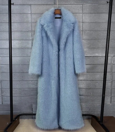 Long Faux Fur Coat Women Autumn Winter Large Jacket Overcoat White Turn Down Collar Pockets Thick Coat Warm Jackets Maxi Coats