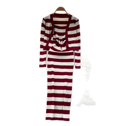 Dress Set Women Two Piece Sets Long Dresses Sling Vestidos Striped Sleeveless Elegant Streetwear Y2k Full Sleeve Tops Coats