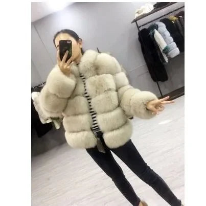 Women Faux Fur Fox Coats Short Coat Stand Collar Slim Fit Full Sleeve Elegant Splice Autumn Winter Thick Warm Open Stitch