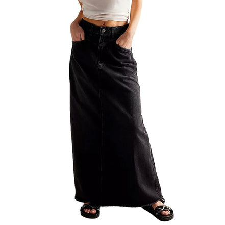 Long Skirts Denim Skirt Women Slim High Waist Straight Casual Jeans Streetwear Elegant Splice Blue Summer Button Pocket 2025