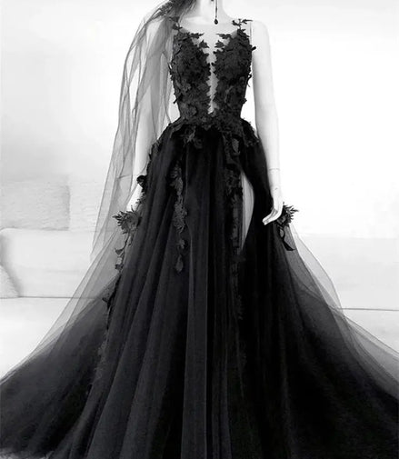 Black Evening Dresses Lace Applique Goethe Sheer Neck Sleeveless A Line Front Slit Formal Party Women Prom Gowns Custom made