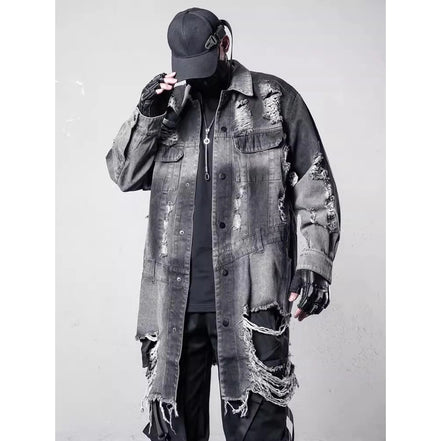 Vintage Ripped Hole Long Denim Jacket Mens Punk Distressed Denim Long Sleeve Shirt Coats 2025 Hip Hop Washed Jean Jackets