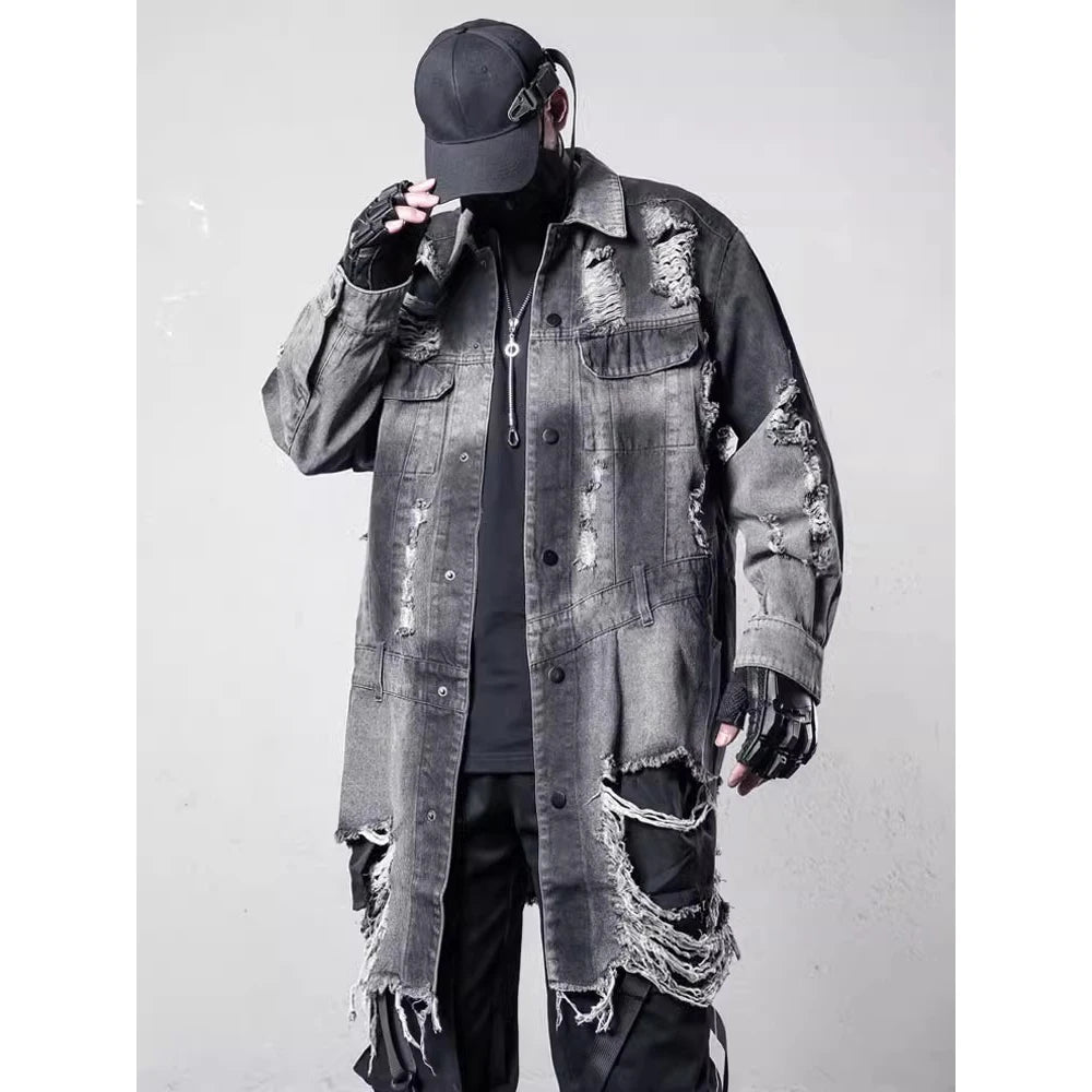 Vintage Ripped Hole Long Denim Jacket Mens Punk Distressed Denim Long Sleeve Shirt Coats 2025 Hip Hop Washed Jean Jackets
