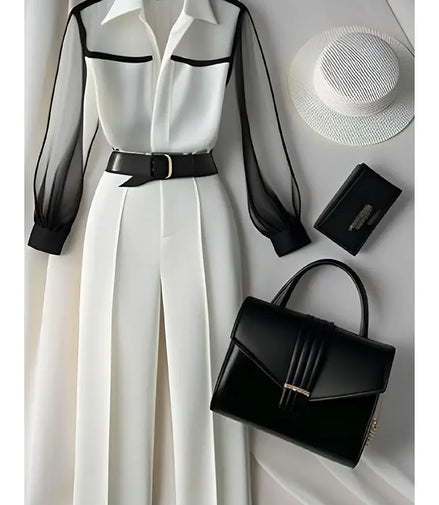 White Tailored Trousers Loose Pants Suit Womens Two Peice Sets Vintage Perspective Shirt Autumn Blouse Sleeve Korean Top