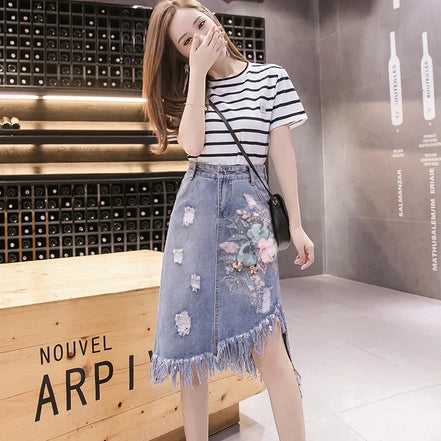 Jeans Skirts for Women Midi Woman Denim Skirt Chubby High Waist Fringe Cheap Clothing Sales Aesthetic A Line Modest Korean Style