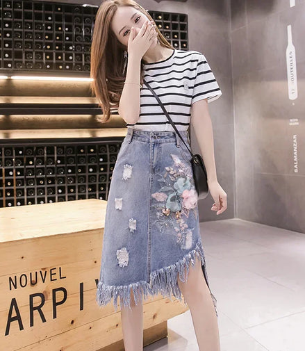Jeans Skirts for Women Midi Woman Denim Skirt Chubby High Waist Fringe Cheap Clothing Sales Aesthetic A Line Modest Korean Style