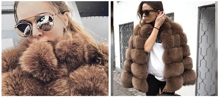 Women Faux Fur Fox Coats Short Coat Stand Collar Slim Fit Full Sleeve Elegant Splice Autumn Winter Thick Warm Open Stitch