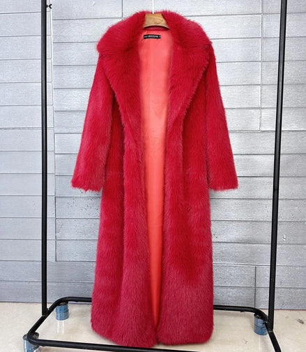 Long Faux Fur Coat Women Autumn Winter Large Jacket Overcoat White Turn Down Collar Pockets Thick Coat Warm Jackets Maxi Coats