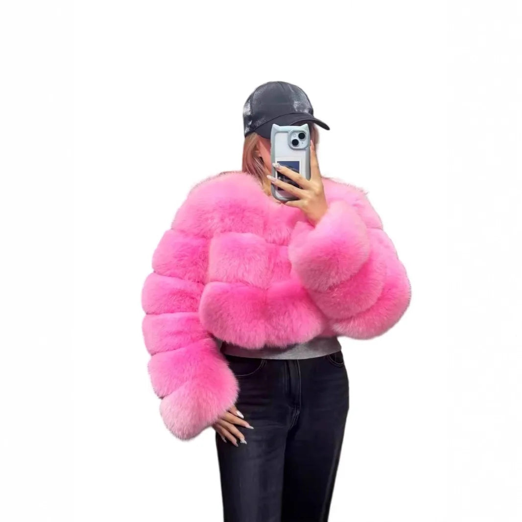 Women Faux Fox Fur Coat Solid Short Jacket V Neck Solid Long Sleeve Thick Warm Fur Office Lady Elegant Casual 2025 Autumn Winter