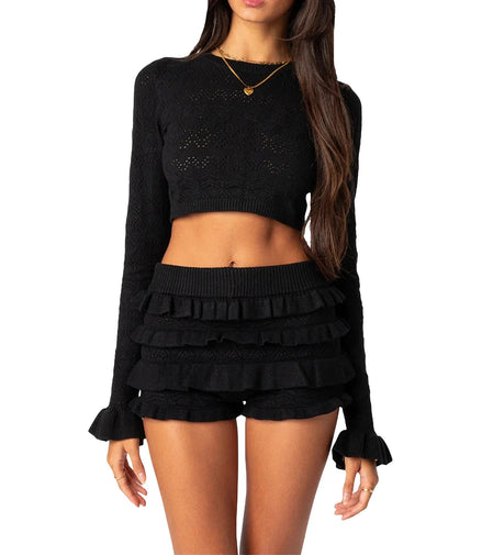 Women s Loungewear Set Long Sleeve Embroidered Knit Crop Top Ruffle Shorts Set 2 Piece Pajama Set Matching Outfits