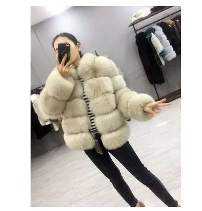 Women Faux Fur Fox Coats Short Coat Stand Collar Slim Fit Full Sleeve Elegant Splice Autumn Winter Thick Warm Open Stitch