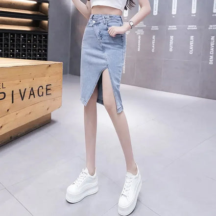 Jeans Skirts for Women Mini High Waist with Slit Midi Short To Knees Length Woman Denim Skirt V Modest Stylish A Line Casual