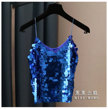 Fashion Women Sequined Tank Top New Sexy V Neck Strap Camis Club Girls Sequin Sleeveless Short Camisole Vest Tops SF792
