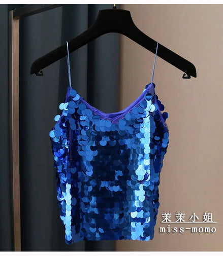 Fashion Women Sequined Tank Top New Sexy V Neck Strap Camis Club Girls Sequin Sleeveless Short Camisole Vest Tops SF792