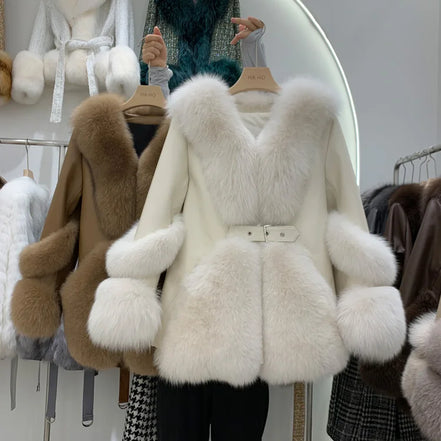 ZDFURS*Fox Fur Fur Coat Women's Mid-Length 2025  New Whole Leather Sheepskin Coat Fashionable Winter Slimming