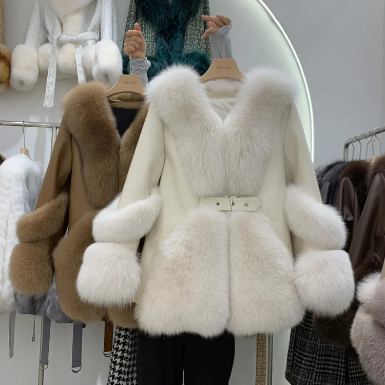 ZDFURS*Fox Fur Fur Coat Women's Mid-Length 2025  New Whole Leather Sheepskin Coat Fashionable Winter Slimming
