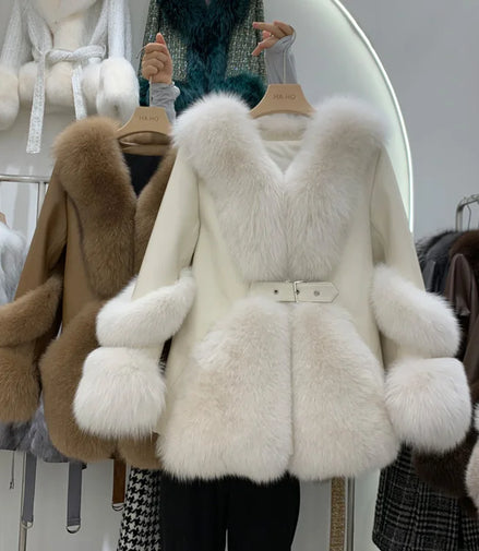 ZDFURS*Fox Fur Fur Coat Women's Mid-Length 2025  New Whole Leather Sheepskin Coat Fashionable Winter Slimming