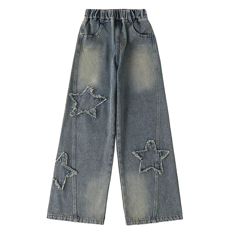 High Waist Jeans Girl Straight Loose Wide-leg Pants Spring and Autumn Korean Vintage Jeans Fashion Kids Denim Trousers For Teens