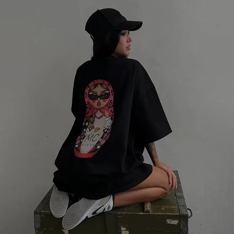 Funny Graphic Tees Oversized Summer O Neck Casual Streetwear T Shirt Women Black Short Sleeve Top Long Chic Basic Clothes