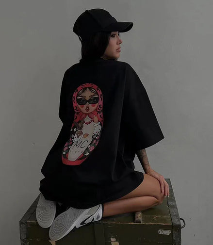 Funny Graphic Tees Oversized Summer O Neck Casual Streetwear T Shirt Women Black Short Sleeve Top Long Chic Basic Clothes