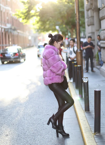 Women Faux Fur Fox Coats Short Coat Stand Collar Slim Fit Full Sleeve Elegant Splice Autumn Winter Thick Warm Open Stitch