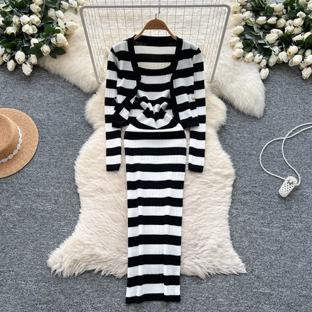 Dress Set Women Two Piece Sets Long Dresses Sling Vestidos Striped Sleeveless Elegant Streetwear Y2k Full Sleeve Tops Coats
