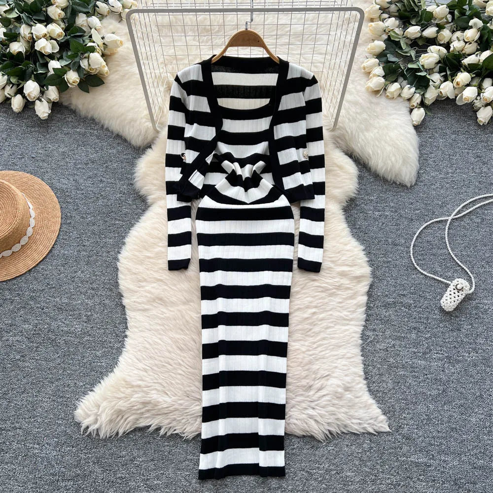 Dress Set Women Two Piece Sets Long Dresses Sling Vestidos Striped Sleeveless Elegant Streetwear Y2k Full Sleeve Tops Coats
