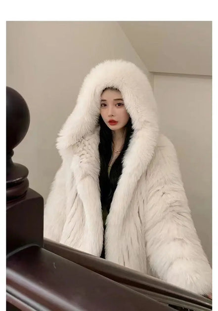 Imitation fox fur women's 2024 winter new style hooded loose slimming fur coat trendy street internet celebrity same style