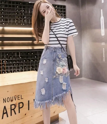 Jeans Skirts for Women Midi Woman Denim Skirt Chubby High Waist Fringe Cheap Clothing Sales Aesthetic A Line Modest Korean Style