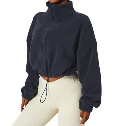 Women Loose Cropped Jacket Loose Zipper Sweatshirt Y2k Long Sleeve Coat Cardigan Sportswear Streetwear Drawstring Tops Clothing