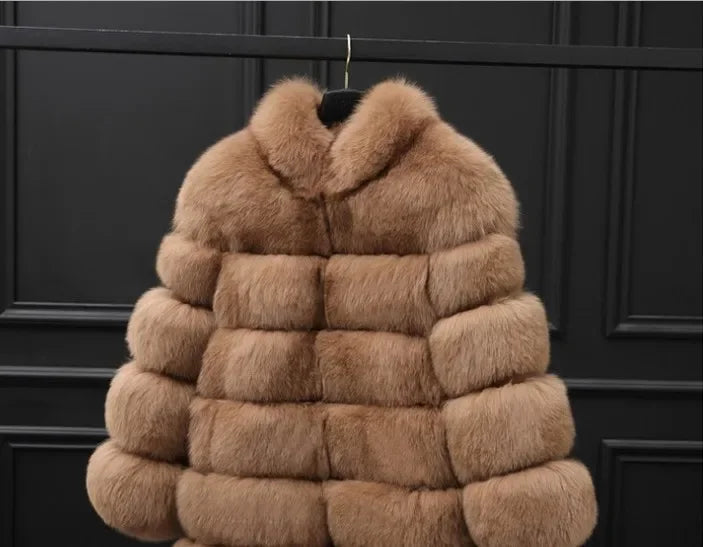Women Faux Fur Fox Coats Short Coat Stand Collar Slim Fit Full Sleeve Elegant Splice Autumn Winter Thick Warm Open Stitch