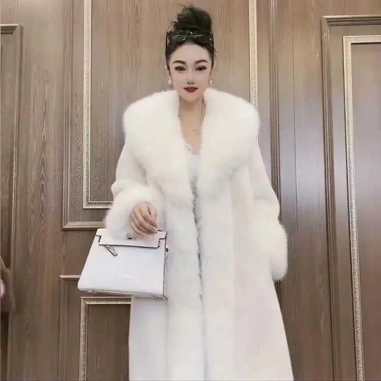 Faux Fur Coats Women Long Coat Thick Warm Turn Down Collar Open Stitch Spring Outerwear Jackets Elegant Splice Autumn Winter