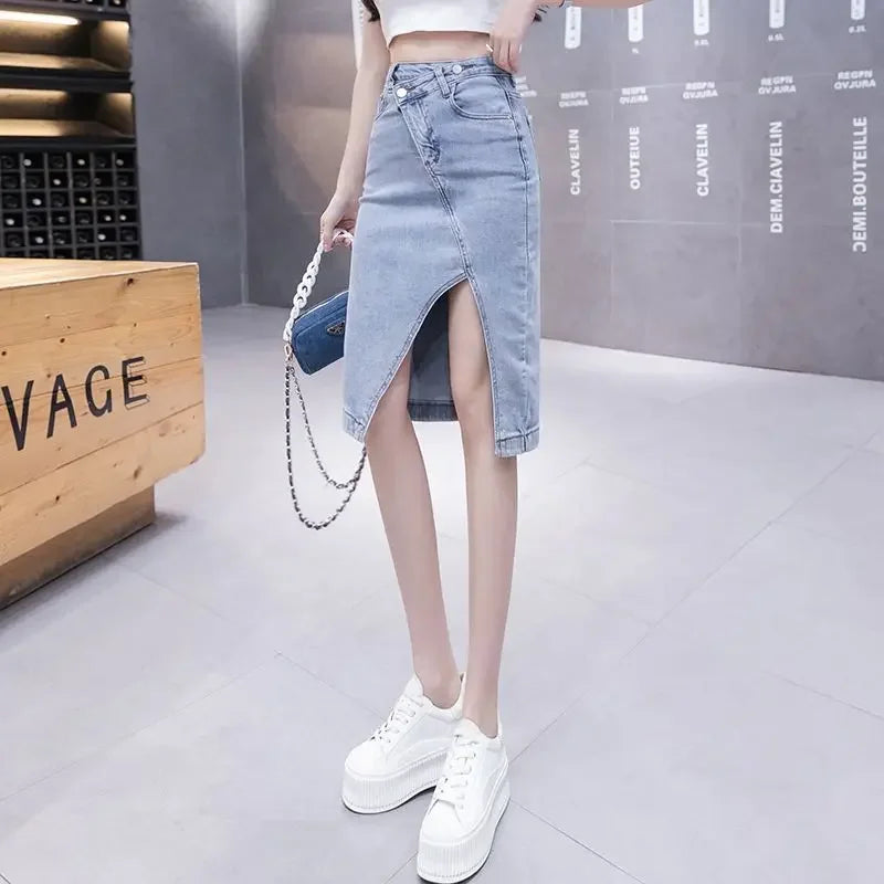 Jeans Skirts for Women Mini High Waist with Slit Midi Short To Knees Length Woman Denim Skirt V Modest Stylish A Line Casual