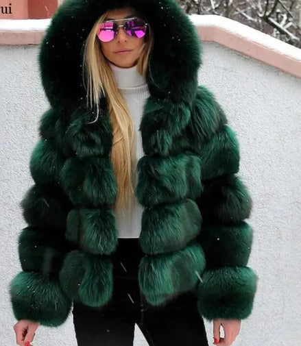 Winter Warm fox fur hooded coat Thick Faux Fur Hooded Jacket luxury women's winter coat faux fur coat High Quality