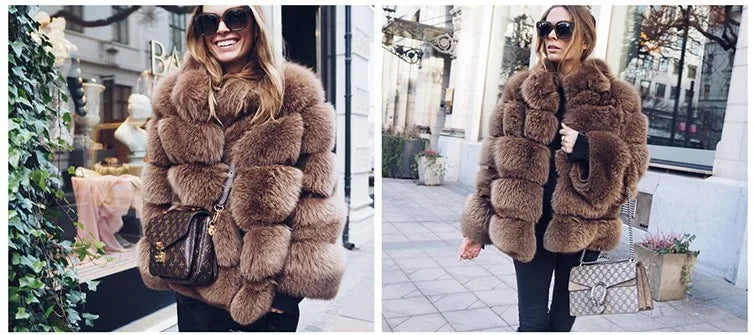 Women Faux Fur Fox Coats Short Coat Stand Collar Slim Fit Full Sleeve Elegant Splice Autumn Winter Thick Warm Open Stitch