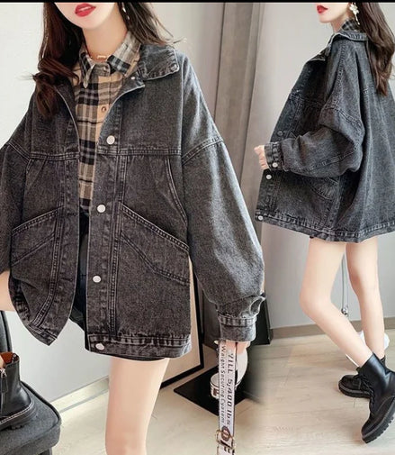 Vintage Denim Jacket Women Y2k Clothing Short Tops Korean Fashion Long Sleeve Loose Denim Patchwork Spring Autumn Jacket Casual