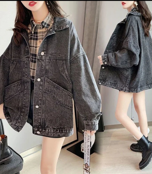 Vintage Denim Jacket Women Y2k Clothing Short Tops Korean Fashion Long Sleeve Loose Denim Patchwork Spring Autumn Jacket Casual