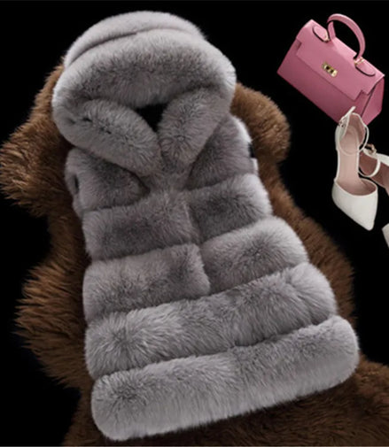 Faux Fox Fur Vest Coats Women Loose Mid Length Fur Jackets Hooded Sleeveless Thick Warm Fur Casual Slim Fit 2025 Autumn Winter