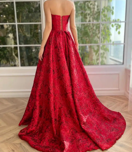 Luxurious Satin Printed Evening Dresses Strapless A-line High Slit Sexy Long Brides Prom Gowns Chic Fashion Wedding Guest Dress