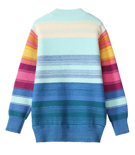 Oversized Sweater Women 2025 Fashion Rainbow Striped Embroidered Letters Knitted Pullovers Loose Casual Streetwear Tops C-119
