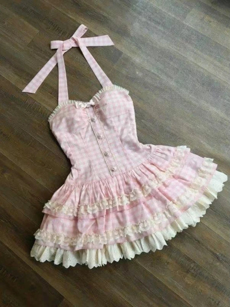 French Style Sweet Halter Dresses for Women Red Plaid Retro Princess Vestidos Mujer Summer Lolita Kawaii Elegant Party Dress